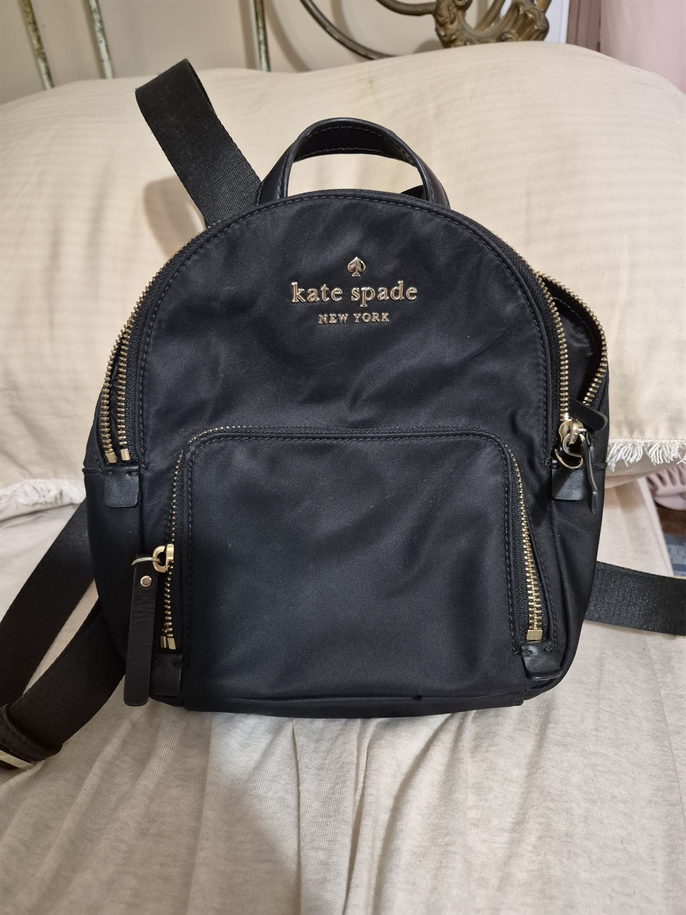 Kate Spade Black Nylon Mini Backpack with Gold Hardware Accent